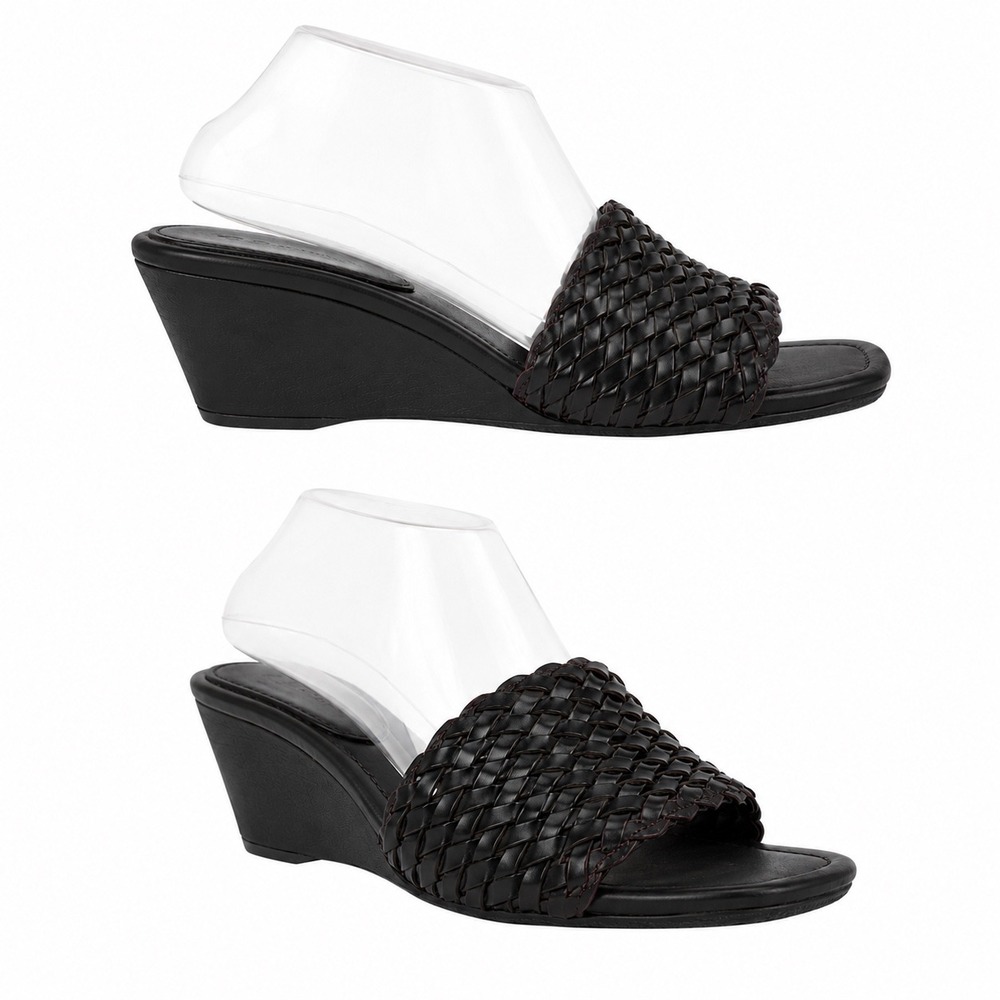 Sesto Meucci Black Woven Leather Wedge Slide Sandals Made in Italy Womens 9
